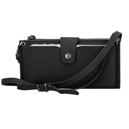 Crossbody phone wallet in black pebbled leather with a matching strap and snap tab