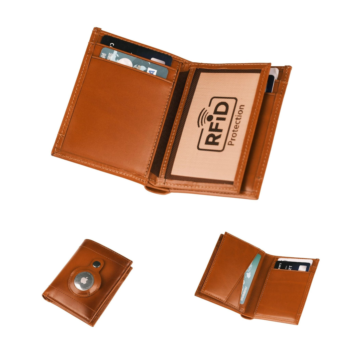 Tan AirTag wallet open to show its card slots and clear window, with closed and open thumbnails