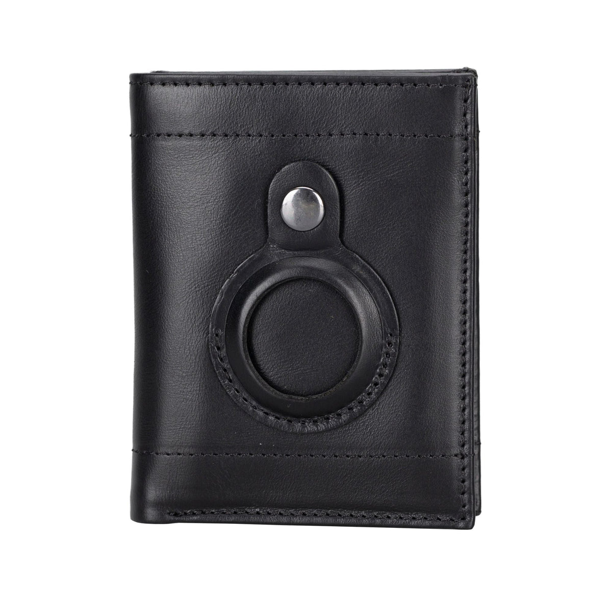 Leather AirTag wallet in black, front view of the empty round tracker pocket and its snap tab