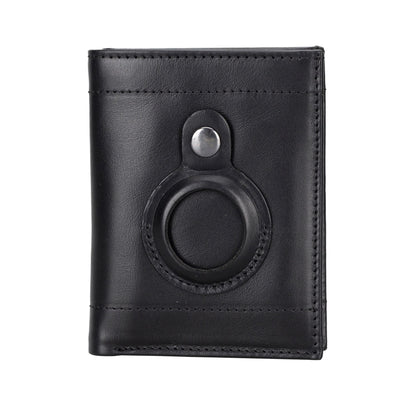 Leather AirTag wallet in black, front view of the empty round tracker pocket and its snap tab