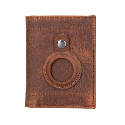 Leather AirTag wallet in dark brown with a waxed, mottled finish and the round snap pocket