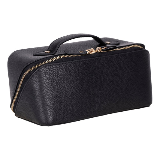 Leather makeup bag in black pebbled leather with a gold zip running down both ends and a top handle