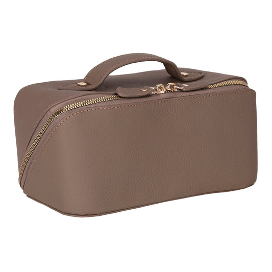 Leather makeup bag in Taupe, a soft gray-brown, with a gold zip and short top handle
