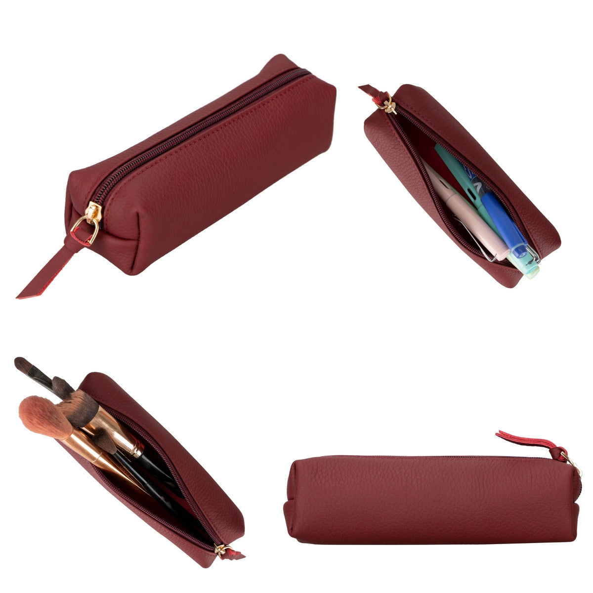 Leather pencil case and makeup brush pouch in maroon, closed and open with pens and brushes inside