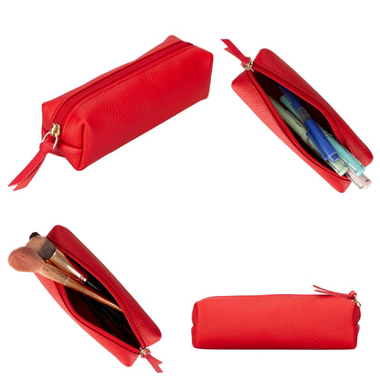 Leather pencil case in red, shown closed, holding pens and holding makeup brushes
