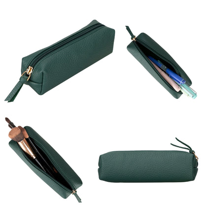 Leather pencil case in green, a deep forest shade, closed and open with pens and brushes