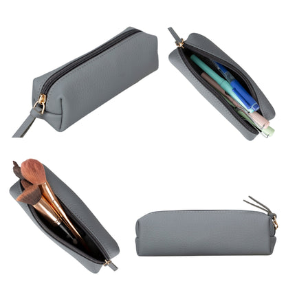 Leather pencil case in gray, closed and open with pens and makeup brushes inside