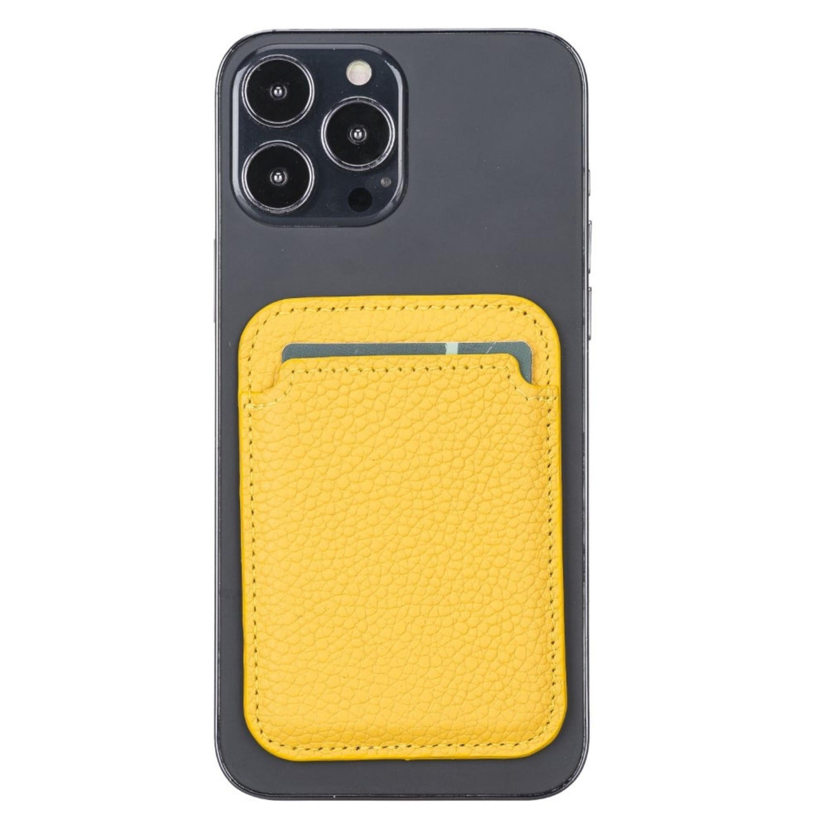 Magnetic card holder in bright yellow pebbled leather on the back of an iPhone