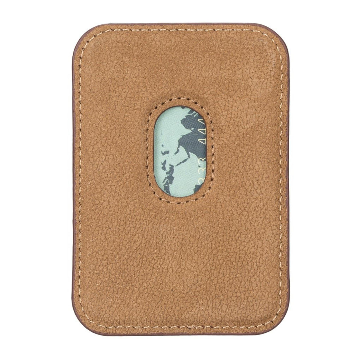 Back of the card holder, a brushed face with an oval cutout where a card shows through