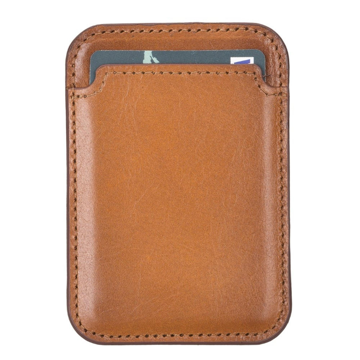 Front of the tan card holder, smooth leather with stitched edges and card tops visible