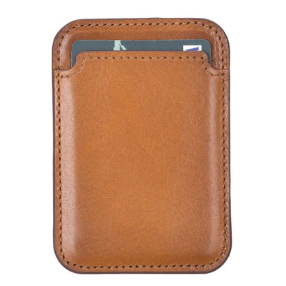 Front of the tan card holder, smooth leather with stitched edges and card tops visible