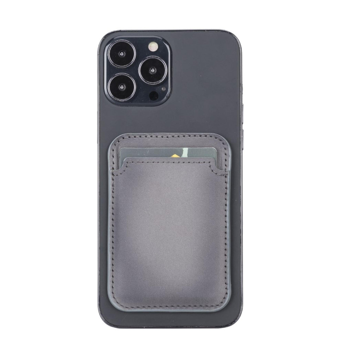 Magnetic leather card holder in gray on the back of an iPhone