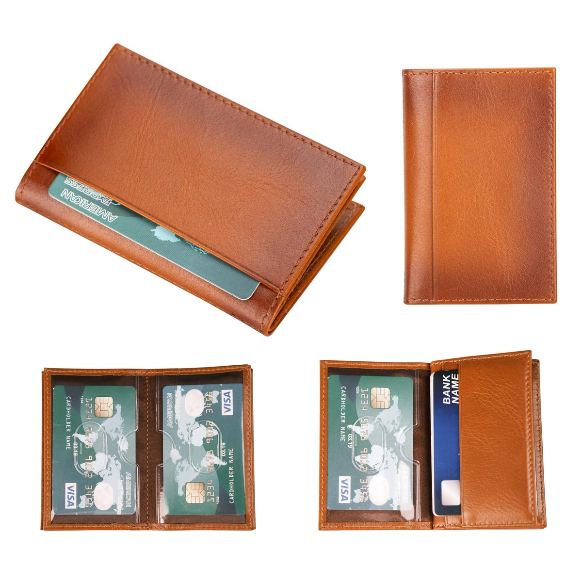 Men's leather card holder in tan, shown closed and open with the clear flip sleeves holding cards