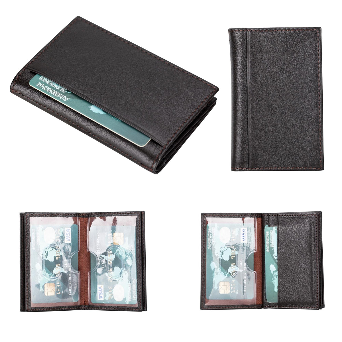 Men's leather card holder in dark brown, closed and open, the clear sleeves holding cards
