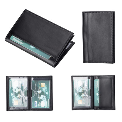 Men's leather card holder in black, closed and open views with the clear card sleeves inside