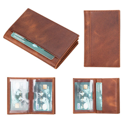 Men's leather card holder in brown with a waxy, mottled finish, shown closed and open