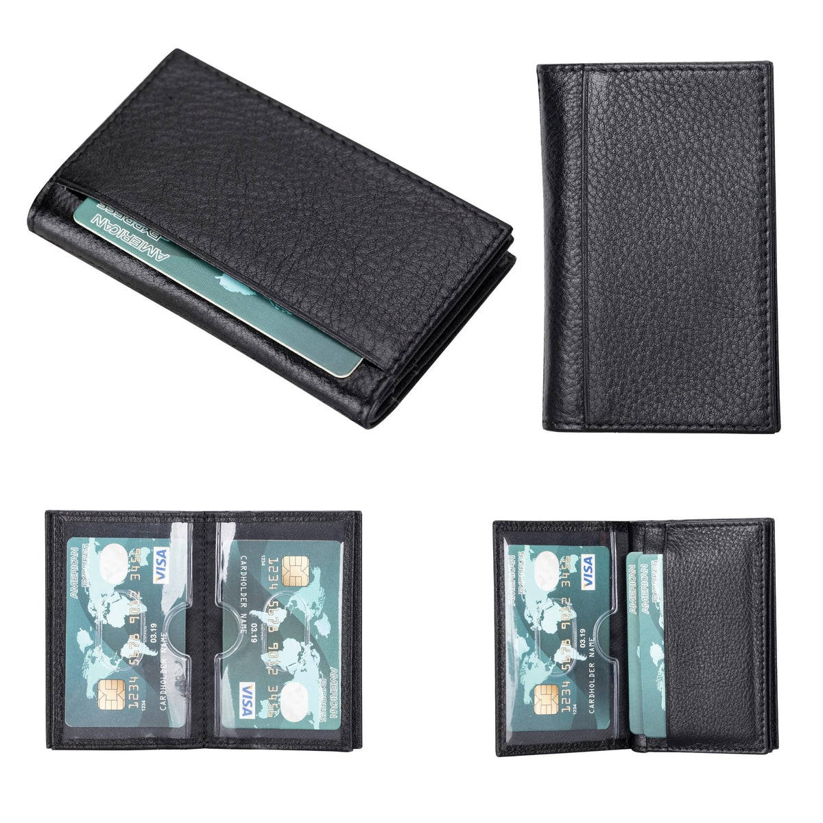 Men's card holder in Floater Black, a pebbled black leather, closed and open with clear sleeves