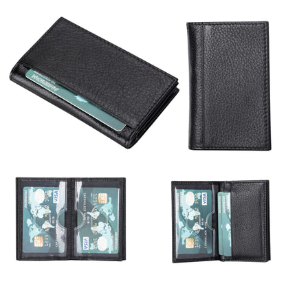 Men's card holder in Floater Black, a pebbled black leather, closed and open with clear sleeves
