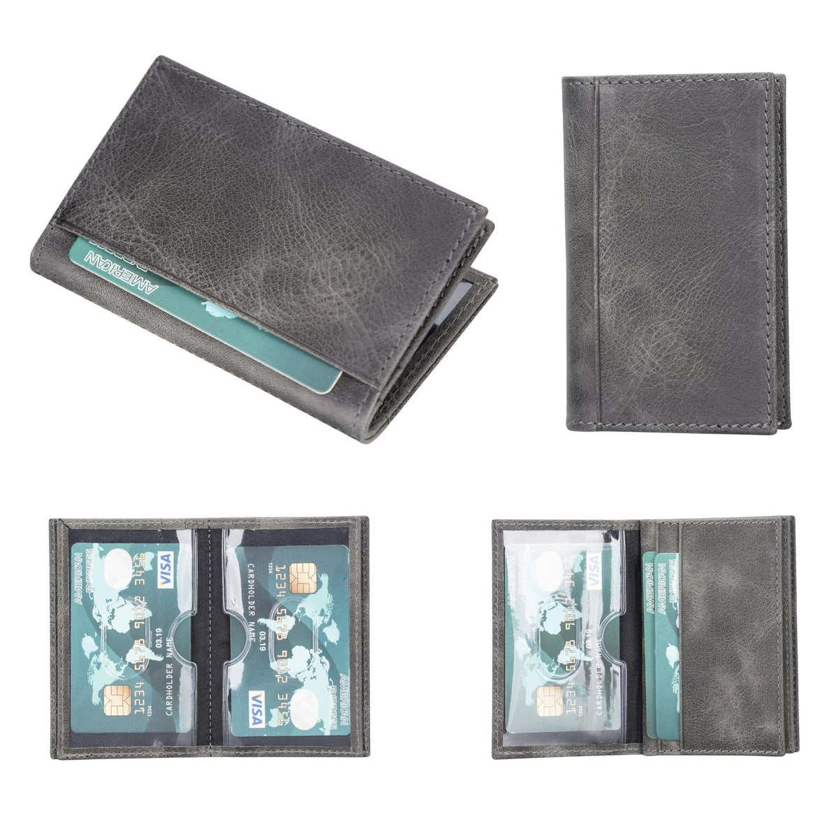 Men's leather card holder in gray with a mottled finish, closed and open views