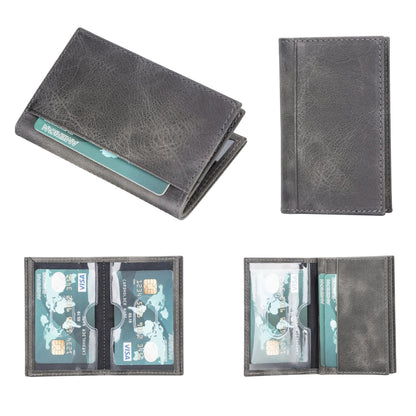 Men's leather card holder in gray with a mottled finish, closed and open views