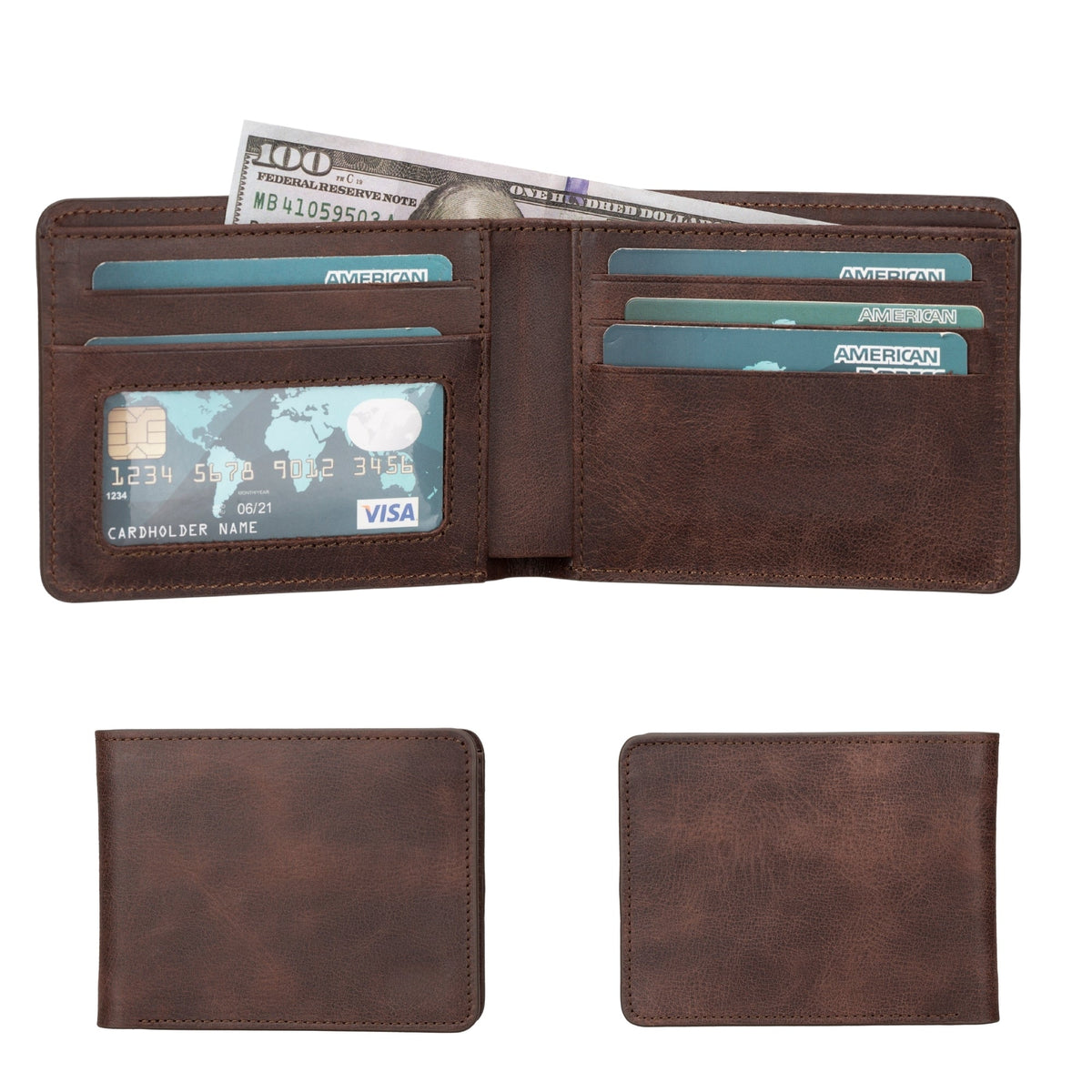 Men's full-grain leather bifold wallet in dark brown, open with cards and bills, beside both closed faces