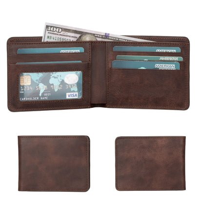 Men's full-grain leather bifold wallet in dark brown, open with cards and bills, beside both closed faces