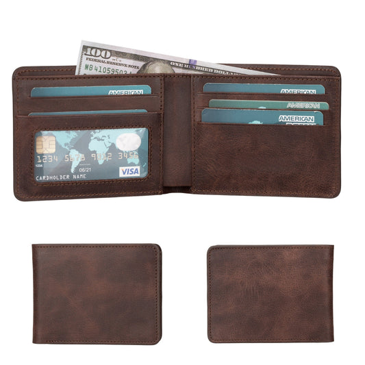 Men's full-grain leather bifold wallet in dark brown, open with cards and bills, beside both closed faces