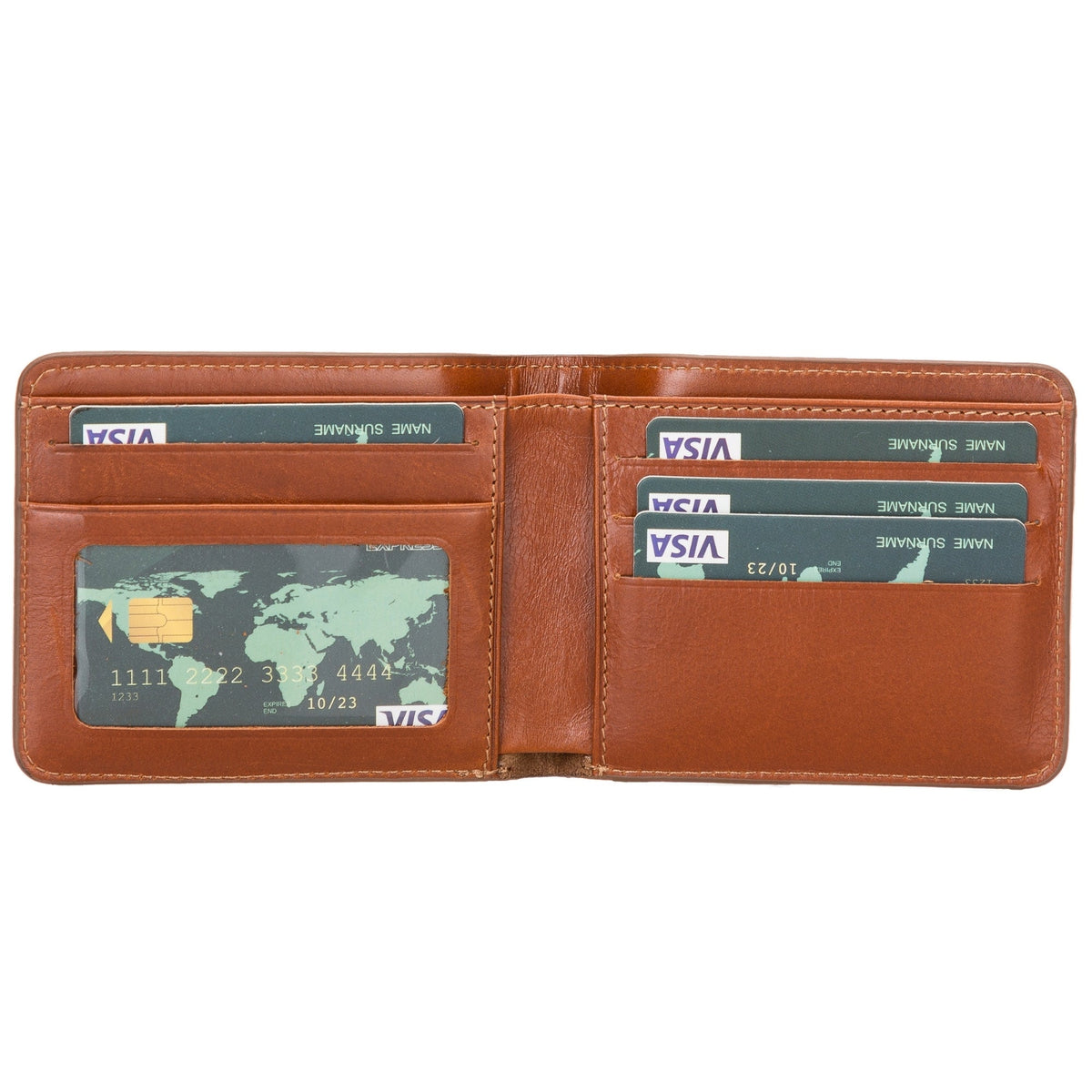 Tan bifold leather wallet open flat, ID window on the left and card slots on the right