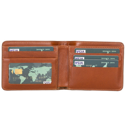 Tan bifold leather wallet open flat, ID window on the left and card slots on the right