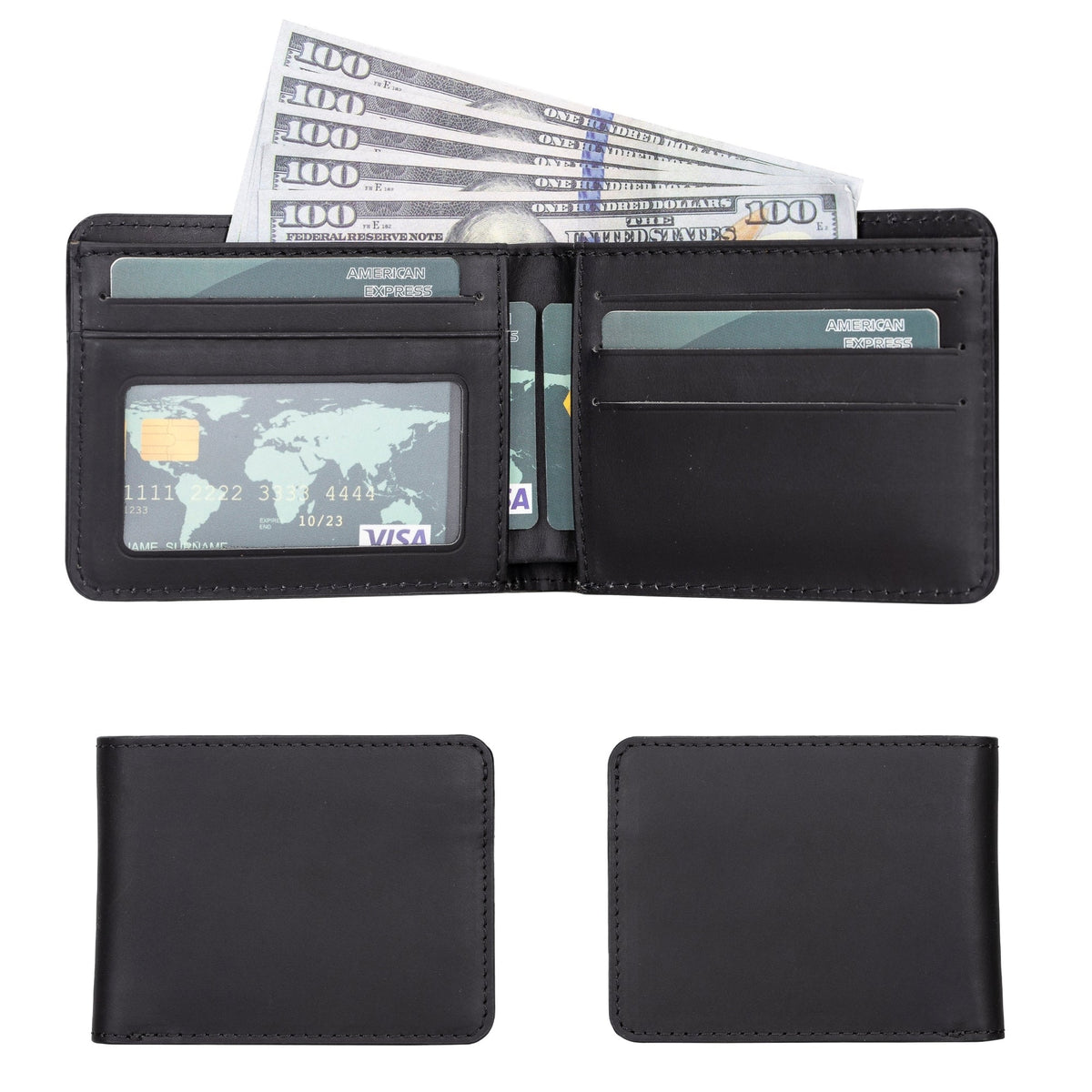 Bifold wallet in Antic Black leather, open with bills and cards and shown from both faces