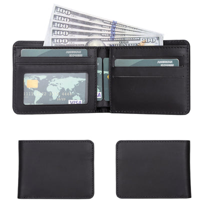 Bifold wallet in Antic Black leather, open with bills and cards and shown from both faces