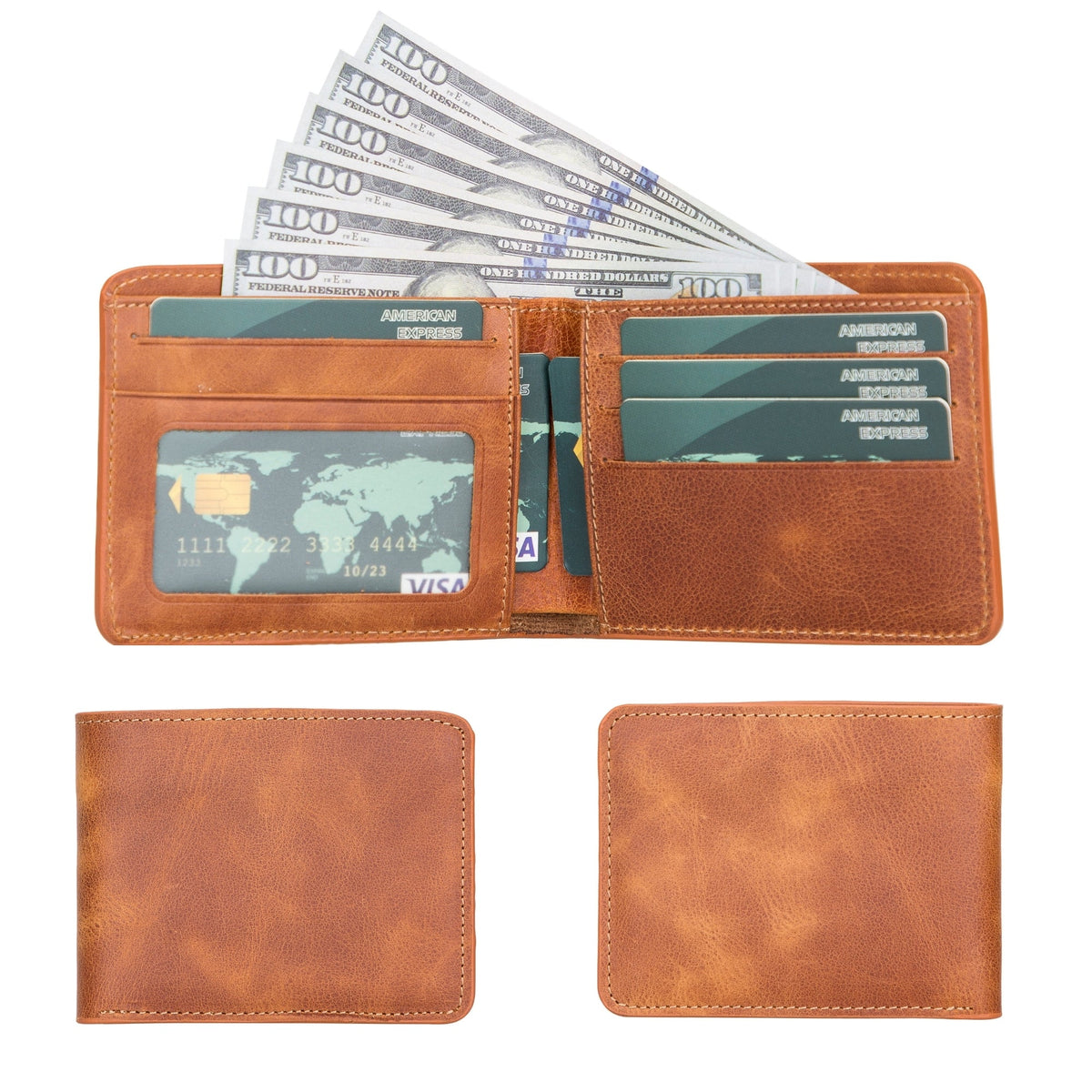 Bifold wallet in Light Brown, a bright orange-brown leather, open with bills and shown closed