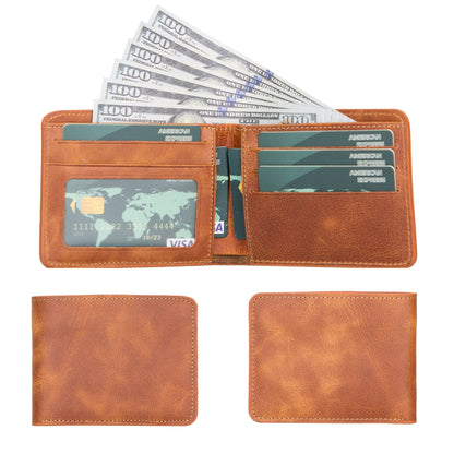 Bifold wallet in Light Brown, a bright orange-brown leather, open with bills and shown closed