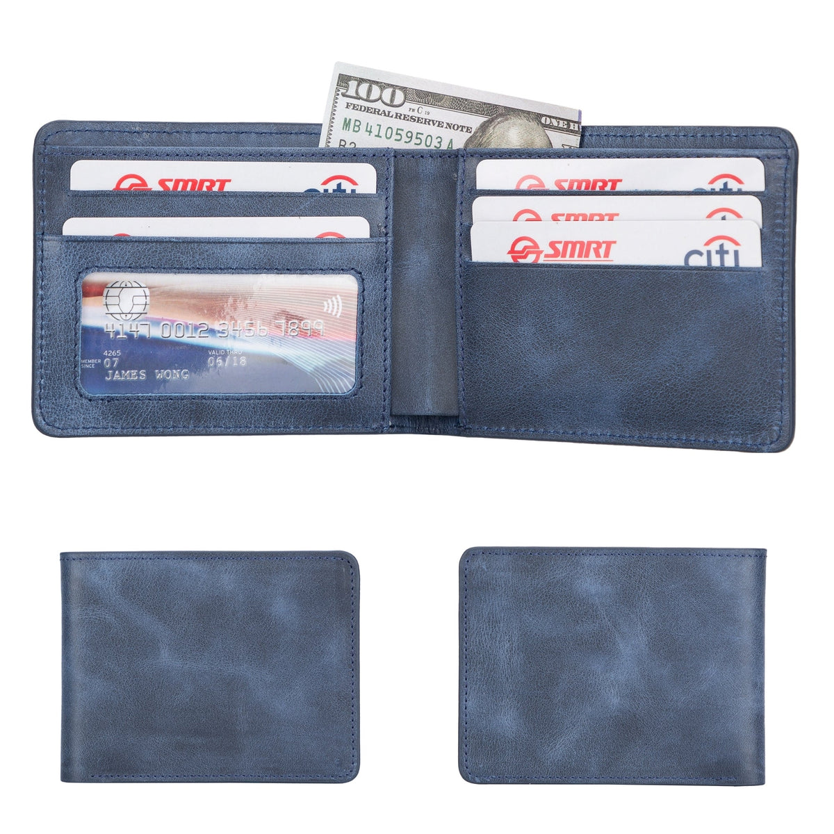 Men's bifold wallet in Navy Blue mottled leather, open with cards and a bill, shown closed