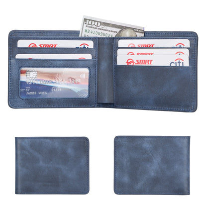 Men's bifold wallet in Navy Blue mottled leather, open with cards and a bill, shown closed