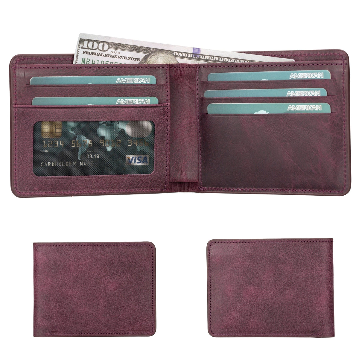 Bifold wallet in Antic Purple, a deep wine leather, open with cards and bills and shown closed