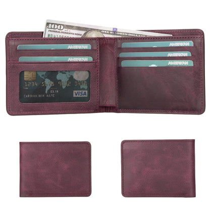 Bifold wallet in Antic Purple, a deep wine leather, open with cards and bills and shown closed