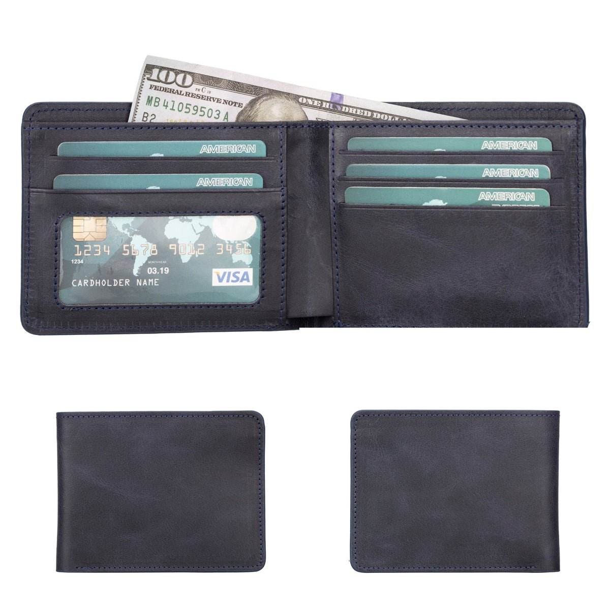 Men's bifold wallet in Dark Blue, an almost black leather, open with cards and bills, shown closed