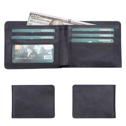 Men's bifold wallet in Dark Blue, an almost black leather, open with cards and bills, shown closed