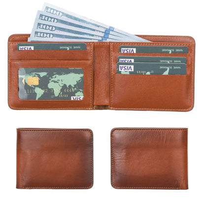 Bifold leather wallet in tan, open with a stack of bills, cards and the ID window, plus closed views