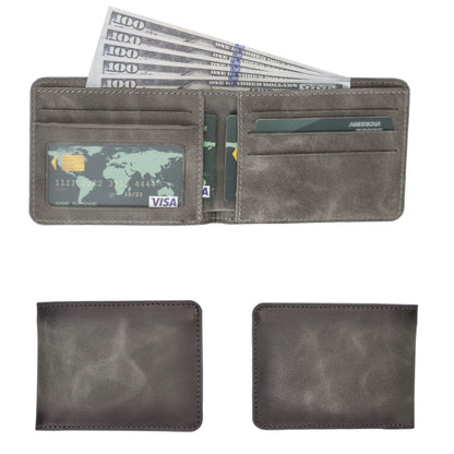 Men's bifold wallet in dark gray mottled leather, open with cards and bills and shown closed