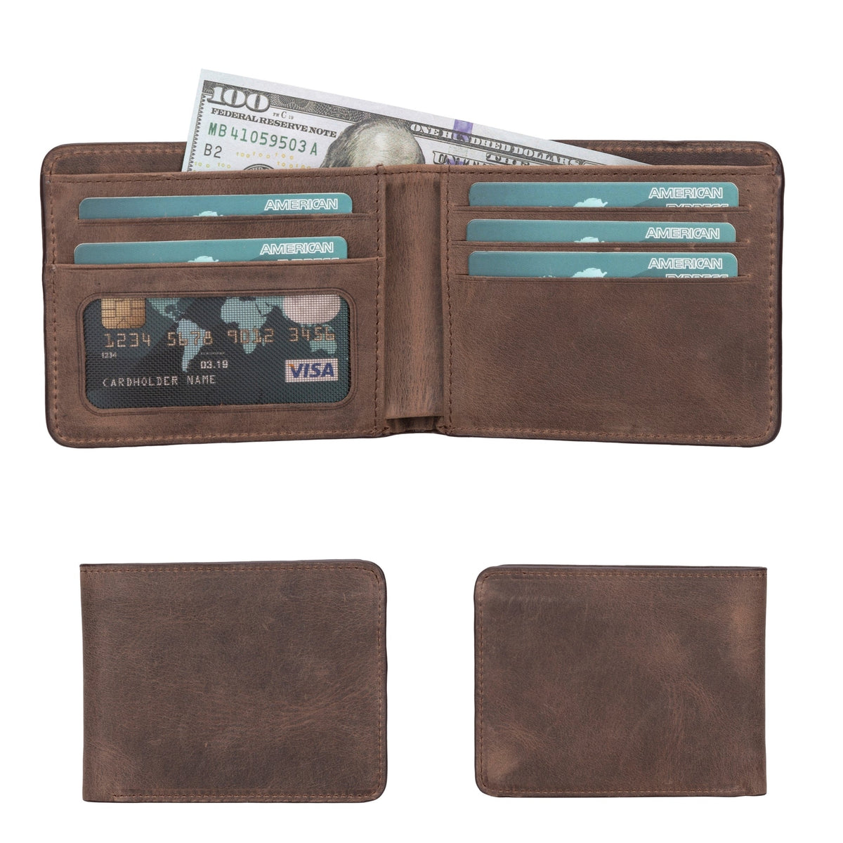 Bifold wallet in Antic Brown, a dark mottled leather, open with cards and bills and shown closed