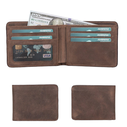 Bifold wallet in Antic Brown, a dark mottled leather, open with cards and bills and shown closed