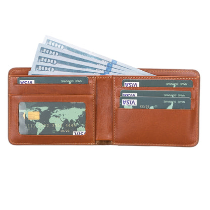 Tan bifold wallet laid open, bills fanned along the top and cards in both rows of slots
