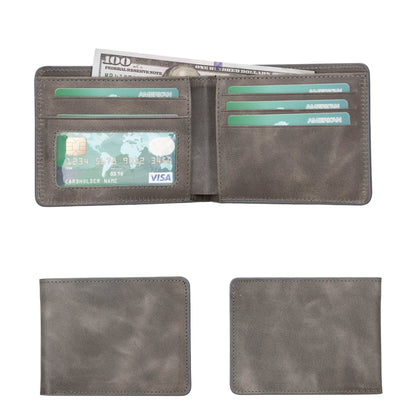 Men's bifold wallet in gray leather with a cloudy finish, open with cards and bills and shown closed