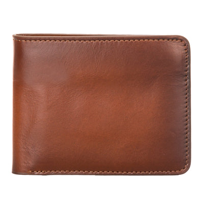 Front of the tan bifold leather wallet closed, smooth hide with a stitched border