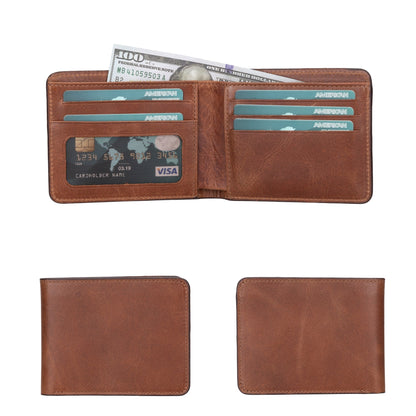 Bifold wallet in Russet, a warm red-brown leather, open with cards and bills and shown closed