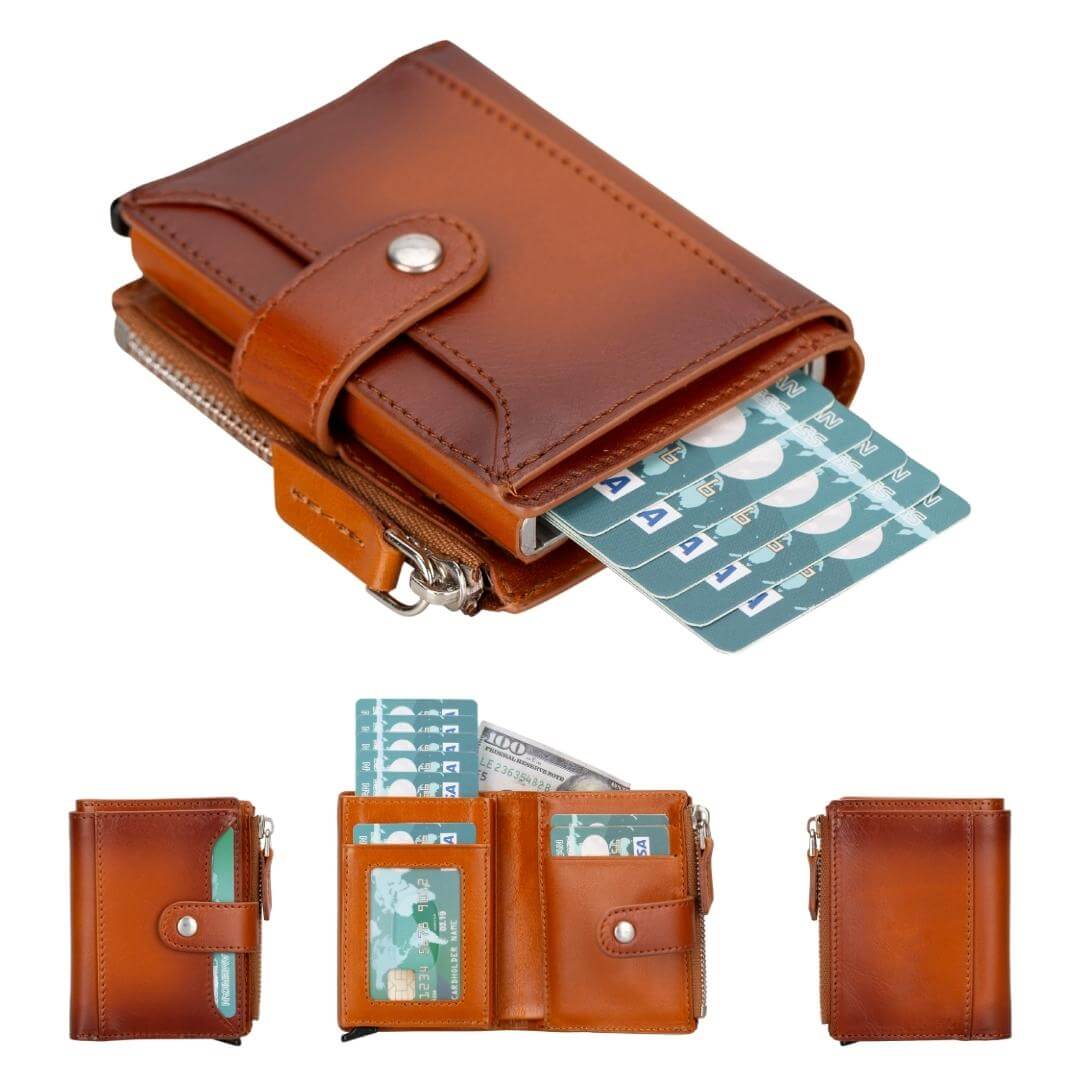 Pop up card holder wallet in tan leather, cards fanned out the bottom, with open and closed views