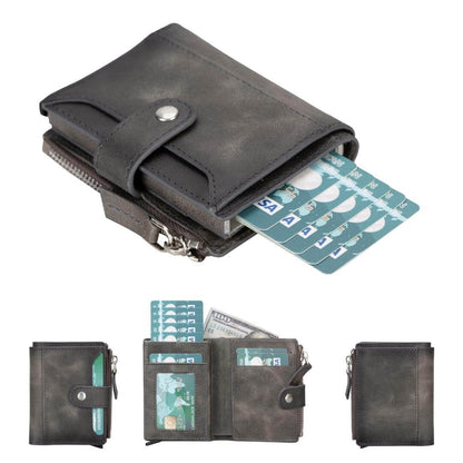 Pop up wallet in gray, a cloudy charcoal leather, cards fanned and shown open and closed