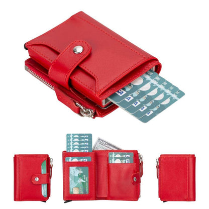 Pop up card holder wallet in red leather, cards fanned out the bottom, with open and closed views